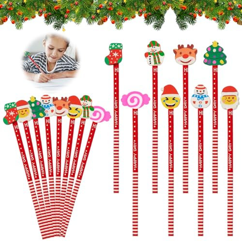 SOETDERT 24 Stück Weihnachten Bleistift mit Radiergummi, Holz Bleistift Kinder Studenten mit Weihnachten Schneemann Weihnachtsmann Niedlich Cartoon, Weihnachten Kleinigkeiten HB Bleistifte Set