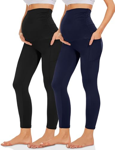 Missluck Umstandsleggings Blickdicht Damen Schwangerschaft Leggings Lang Mammy mit Taschen für Yoga(Schwarz/Marineblau,M)
