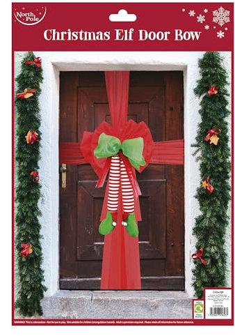 Eurowrap Grande fiocco per porta di elfo di Natale, rosso e verde, con gambe di elfo da appendere, decorazione natalizia per porta