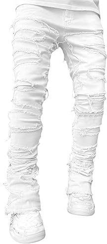 Geagodelia Jeans da Uomo Strappati Slim Fit Pantaloni in Denim Casual Hip-Hop per Uomo Ragazzo S-XXL Regalo (Bianco, M)