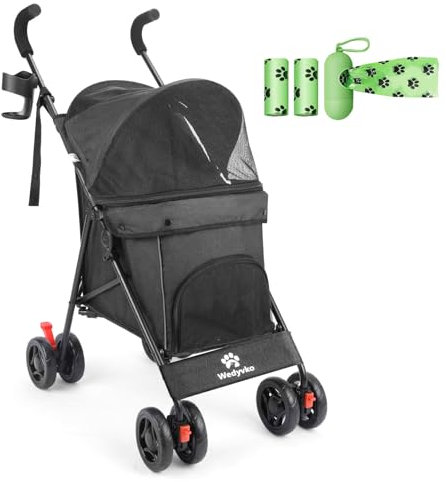Wedyvko Hundebuggy für kleine Hunde, 10 - 9 kg, Haustier-Kinderwagen, leicht, 4,1 kg, mit 4 Rädern, faltbar, Aufbewahrungskorb, Getränkehalter