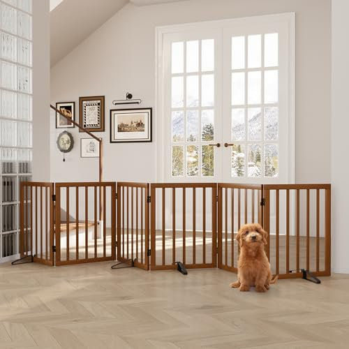 Semiocthome Barrière en bois pour chien extra large, barrière autoportante à 6 panneaux avec 4 supports en métal pour portes et escaliers, clôture pliable pour chien de 61 cm de haut, extensible