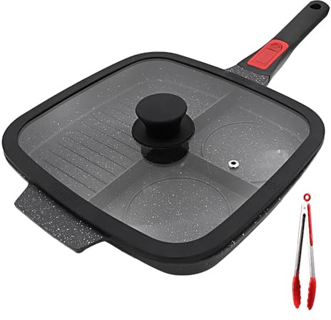 Bobikuke Grillpfanne mit 3 Abschnitten für Herdplatten mit abnehmbarem Griff, antihaftbeschichtet, vielseitige Grillpfanne mit Deckel, quadratische Bratpfanne, PFOA-frei, Schwarz