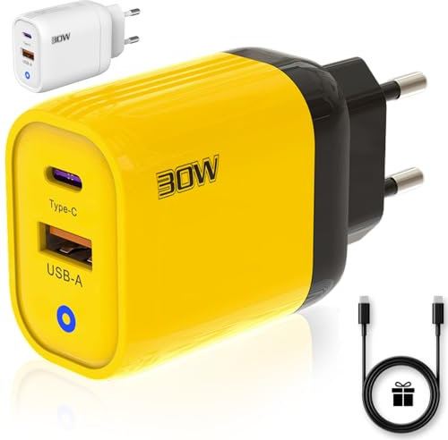 3-Stars | Cargador de 30W con 2 Puertos (Tipo C y Tipo A), Incluye Cable USB C, Carga Rápida QC 3.0, Compatible con Samsung, iPhone, Xiaomi, Certificado CE, Color Amarillo