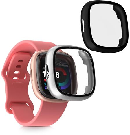 kwmobile 2X Cover kompatibel mit Fitbit Versa 4 / Sense 2 Hülle - Fullbody Fitnesstracker Case Set aus Glas - Schwarz Silber