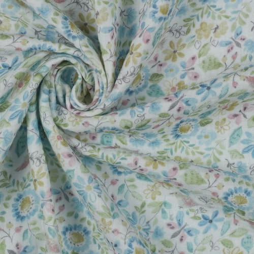 Musselin | BIO | zertifiziert | FLOWERS | by Poppy | Ökotex | Meterware | zum Nähen von Kinderkleidung (white-blue)