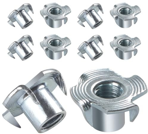 BOUMVID Dadi a T M5 x 8 mm, 10 Pezzi Filettato Dadi a Griffe Dadi con 4 Griffe Legno Inserti, Acciaio Zincato T Dado per il Fissaggio di Parti di Mobili Dado con Griffe da Manicotti