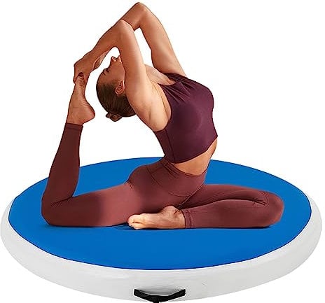 Turnmatte Aufblasbar, PVC Rund Gymnastikmatte Faltbare mit 600W Luftpumpe, Wasserdichte Yogamatte für Tumbling Gymnastik Yoga (10CM Dicke)