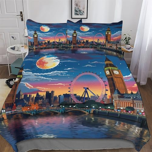 PAZZK Londoner Stadtbild Bettwäsche & Kissenbezug - Bettbezüge Aus Atmungsaktivem Mikrofaser, Superweiches Bettbezug Set 2teilig, Angenehme Bettdeckenbezug Single (135x200cm)