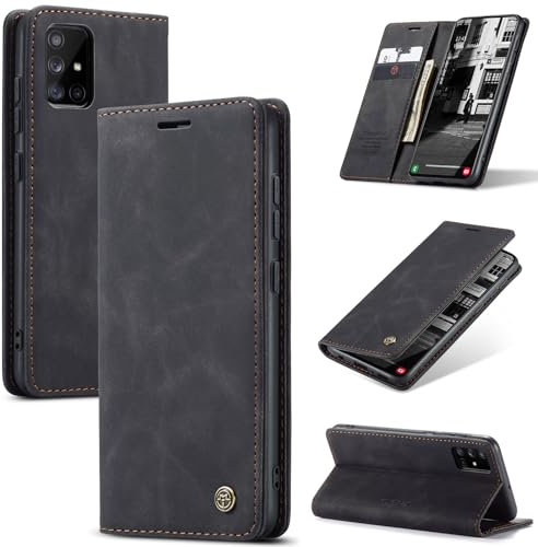 owlhold Handyhülle für Samsung Galaxy A51 Hülle, Premium Lederhülle Weiches Vintage-Nubukleder Faltbare Ständer Klapphülle Kartenfach Standfunktion stoßfest Schutzhülle für Samsung A51 -Schwarz