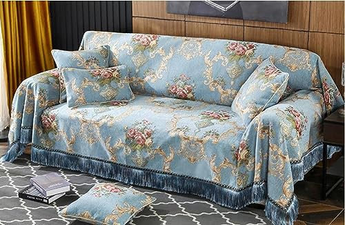 Bishilin Sofa Überzug 2 Sitzer 180x230CM, Sofabezug Ecksofa Nordisch Vintage Blumen Muster mit Quasten Blau Couchbezug Eckcouch Katzenschutz Universal