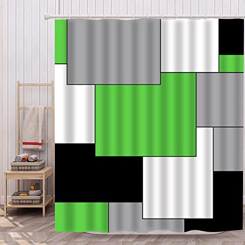 Rideau Douche Géométrie Gris Vert Rideau de Douche Anti Moisissure Imperméable Rideaux de Douche Lavables Rideau Douche Tissu Polyester avec 12 Crochets(180x200)