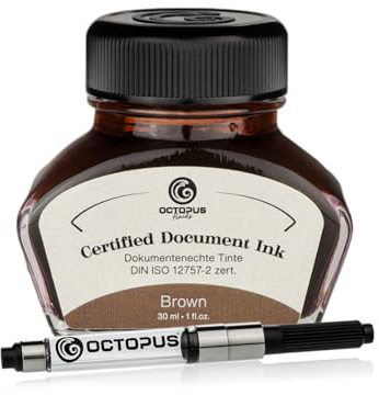 Octopus Fluids Document Ink Braun 30 ml, Füllhaltertinte mit Konverter | DIN ISO 12757-2 zertifiziert, Tintenglas mit Konverter für Unterschriften, Urkunden und dauerhaft lesbare Dokumente