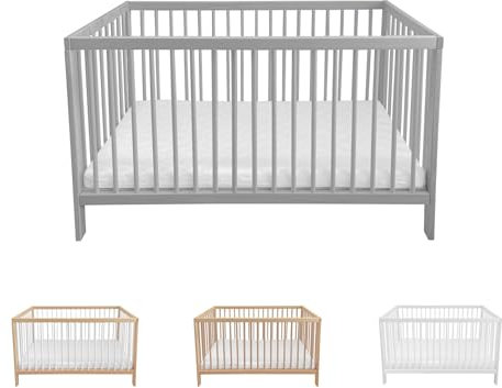 Lantigo Babybett 120x60 cm Grau Gitterbett Buchenholz Massivholz Kinderbett mit Lattenrost höhenverstellbar 9 Stufen für Neugeborene und Kleinkinder, ohne Matratze