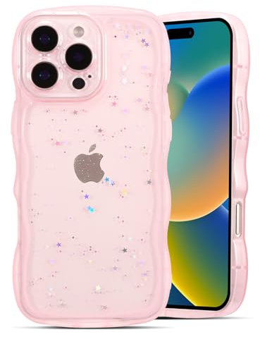 QLTYPRI Compatible with iPhone 16 Pro Max Case, Cute Curly Wave Frame Clear Glitter Case for Girls Women, Sparkle Bling Soft TPU Bumper Transparent Shockproof Phone Cover for iPhone 16 Pro Max- Pink