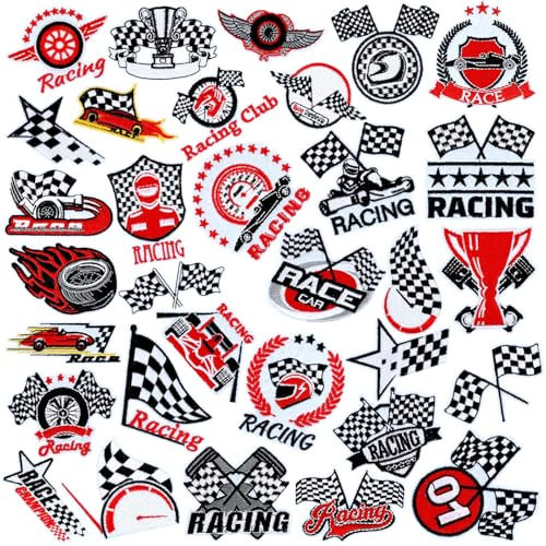32 Pieces Checkered Racing Flag Iron on Patches Racing Flag Cars Sew on Embroidered Applique Repair Patch DIY Crafts Festive Gifts for Clothing Hat Shirt Bag Jeans DIY Decorations