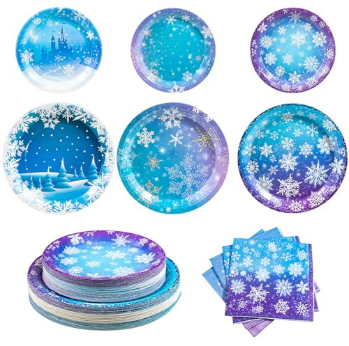 Dhnvcud Set di 180 piatti di carta e tovaglioli per feste di compleanno di Frozen, 60 pezzi, con fiocchi di neve, per Natale, inverno, vacanze, Capodanno, feste di compleanno, decorazioni