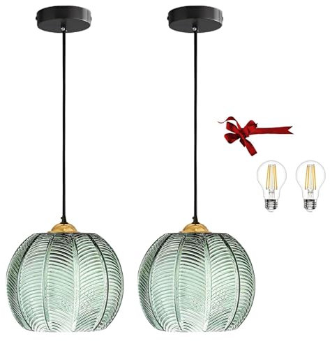 Bravsekai Moderne grün gestreifte Glas Pendelleuchte 9,8 Zoll mit 2 extra A60 Glühbirnen, 2 Pack verstellbare Schnur für Kücheninsel, über Spüle, Schlafzimmer