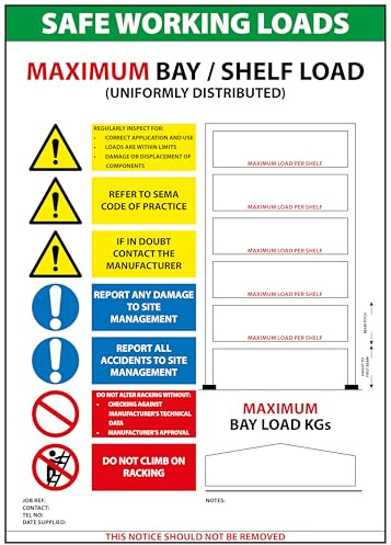 Shelving Racking - Safe Working Loads Sign - Drywipe - Pallet Racking Bay SWL Notice - 3mm Foamboard Sign (White, A4 (210 x 297mm))