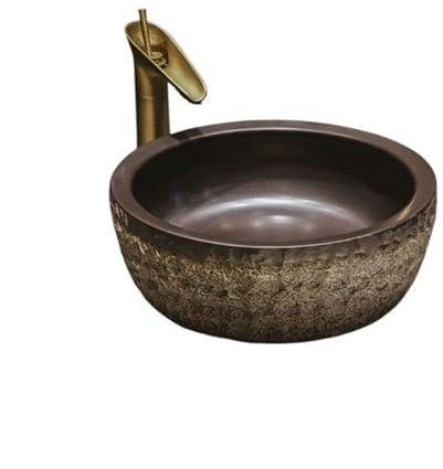 DDKYHU Bathroom Vessel Sink Bowl Basin Round Stone Pattern Ceramic Art Hand Wash Basin Antique Balcony Bathroom Sink Deepening Washbasin with Accessories Lavatory Above Counter Vanity Sink