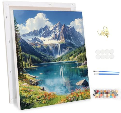 MEIYUDA Peinture par Numero Adulte avec Cadre Montagne, DIY Peinture Acrylique pour Débutants, Cascade Facile sur Toile Avec Peintures et Pinceaux Decoration Maison 30x40cm(Boîte cadeau)