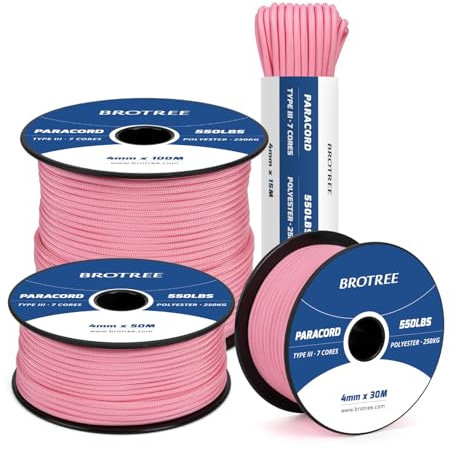 Brotree 550 Paracord 4mm 30m Rope Type III 7 Strands 100% Polyester Parachute Cord for Crafting, Camping, Outdoor, Survival - Neon Pink