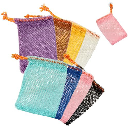 JAONLD Seifensäckchen,8 Stück Seifensäckchen für Feste Seife Seifensack zum Duschen aus 100% Nylon,9 x 14 cm Seifenbeutel für Körper-Peeling mit Kordelzug für Reisen,Ausgehen,Badezimmer