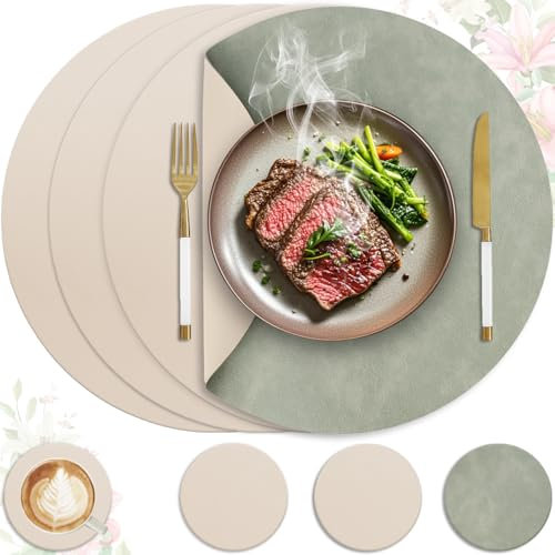 HELI MIAO 4er Set Tischset aus Leder-Imitat，Platzsets abwaschbar und wasserdicht，Platzdeckchen Lederoptik mit Untersetzer,Tischuntersetzer Doppelseitigen rutschfest(Rund,Hellgrün+Beige)