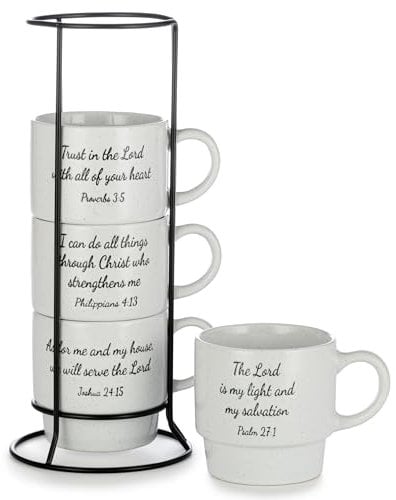 Signature Housewares Stackable Coffee Mugs Set of 4 Mugs with Metal Stand - Inspirational Bible Verses