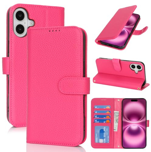 Zouzt Coque pour iPhone 16 Plus Cuir Véritable Etui Portefeuille avec 4 Emplacements pour Cartes, RFID Blocage, Antichoc, Protection Totale, Housse à Rabat Magnetique Femmes Hommes - Rose Rouge