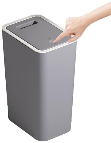 Bedroom Bin,Push Button Plastic Bin for Bedroom,10L Slim Bathroom Bin with Lid,Narrow Waste Bin for Bathroom Anti-Odour,Plastic Thin Trash Can for Office,Living Room,Kitchen,Toilet (Grey)