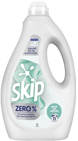 Skip - Lessive Liquide - 0% - Efficace Tout en Respectant les Peaux Très Sensibles - Formule Sans Parfum ni Colorants et Conservateurs MIT-BIT - Certifiée ECARF - 35 Lavages