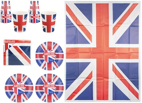 50 Piece Union Jack Party Pack Paper Tableware, Union Jack Flag Print, 24 Plates, 24 Cups, Napkins, Tablecloth and Flag