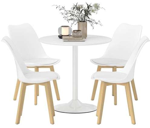HOMCOM 80cm Round Dining Table and Chairs Set 4, Pedestal Kitchen Table with 4 PU Padded Chairs, Solid Wood Legs, Modern Dining Room Set for Small Space, Living Room, White