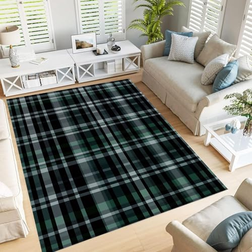 JEDTAKCT Countryside Scottish Tartan Teppich 80X150Cm Schwarz Grün – Weicher Kurzflor Teppiche Mit Simple Retro – Waschbar Pflegeleicht, Deko Teppich Für Wohnzimmer Schlafzimmer Jugendzimmer