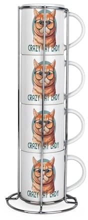 Purely Home Crazy Cat Lady Stacking Mugs Set - Ginger Cat Present - Set of 4 Ceramic Mugs Gift Set with Metal Stand