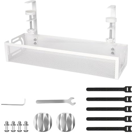 Under Desk Cable Management Tray No Drill Metal Mesh Cables Organiser with Clamp Mount Wire Management Tray for Cords Power Strips Cord Organizer, Wire Organizer for Homes, Offices (1Pcs, White)
