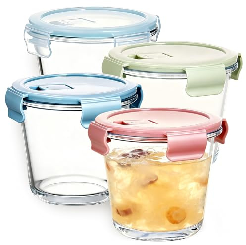 MEETOZ 4 Piece Round Glass Soup Storage Containers with lids, Airtight Reusable Bowls, Meal Prep Bowls,Freezer and Microwave Safe, for Soup, Lunch, Salad, Leftovers, BPA Free