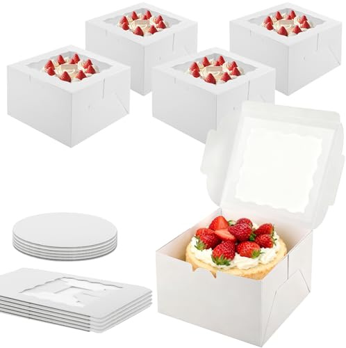 Otauoaea 5 Stück Tortenbox Weiß,20,5X20,5X12,8cm Tortenkarton Tortenschachtel,Kuchen Transportbox mit Sichtfenster und Kuchenplatte,Kuchenbox Tortentransportbox Cake Box 8inch für Gebäck,Donut,Dessert