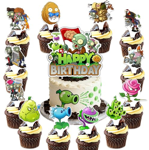 25Pcs Plants Zombie Birthday Party Supplies Pack Includes 1 Cake Topper 24 Cupcake Toppers for Plants Zombie Party Supplies