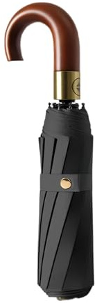 Parapluie de voyage pliable de luxe avec poignée en J en bois véritable pour homme/portable/ouverture/fermeture automatique, tissu avec couche de revêtement bloquant/pluie soleil/protection anti-UV