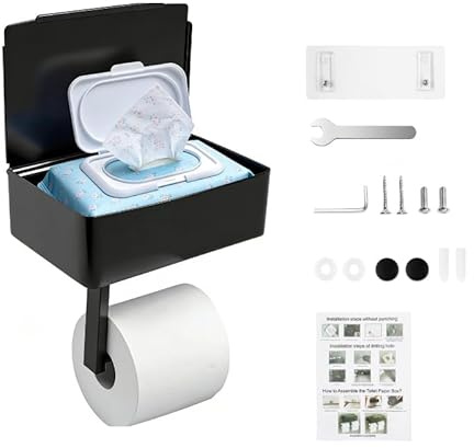 Vibrivio Toilet Roll Holder with Wet Wipe Box, 2-in-1 Adhesive Stainless Steel Toilet Paper Holder, No-Drilling Wall Mounted Tissue Dispenser for Bathroom, Kitchen & Home (black)