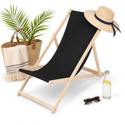 Mucola Strandliege Strandstuhl klappbar Holz 3-Fach verstellbar Schwarz | Atmungsaktiver Polyester-Bezug, Massivholz-Gestell, Sicherung gegen ungewolltes Zusammenklappen, luftig, Garten, Pool, Strand