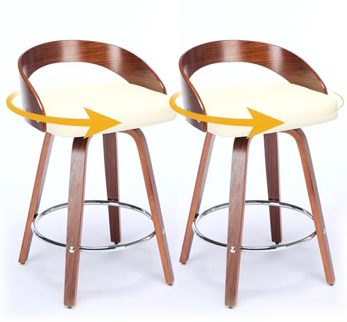 Drehbarer Barhocker 2er Set Polsterhocker mit PU Leder Sitzfläche, Holz niedrige Rückenlehne, Holzbeine mit Filzgleitern, Metall-Fußring, Retro Industriestil Barstuhl Set für Küche und Bar (Beige)