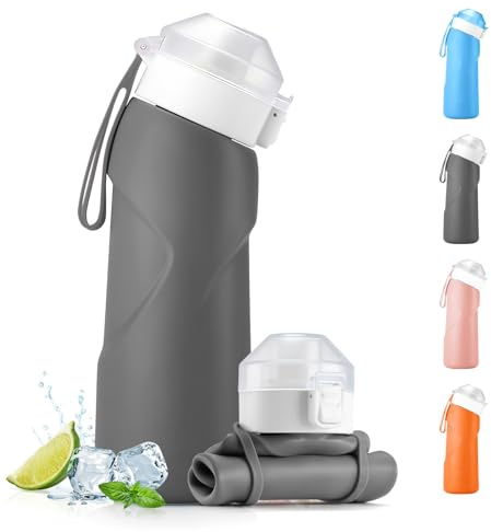 Fancysky Botella Plegable Silicona 700ml, Botella Agua Plegable Libre de BPA, Antigoteo, Portátil, soft flask, Ideal para Viaje, Running, Camping y Gimnasio (Gris)