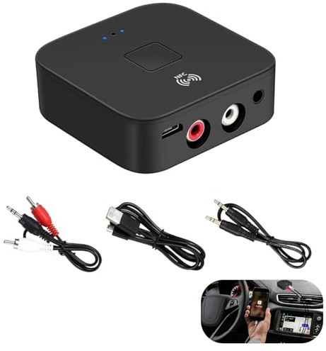5.0 Bluetooth Audio Receiver Adapter, 3.5mm AUX or RCA Input NFC Wireless Bluetooth Receiver, Bluetooths Adapter for Car Laptop Speaker Home Stereo Theater Amplifier Audio Headphone(Black)