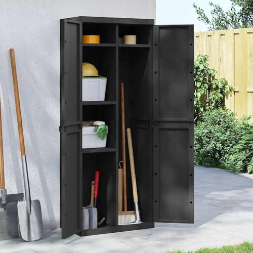 Kaloriko Armario de jardín negro de polipropileno, 65 x 37 x 165 cm, estable, resistente al agua, con estante, se puede cerrar con llave, ideal para jardín, balcón, terraza, práctico organizador de