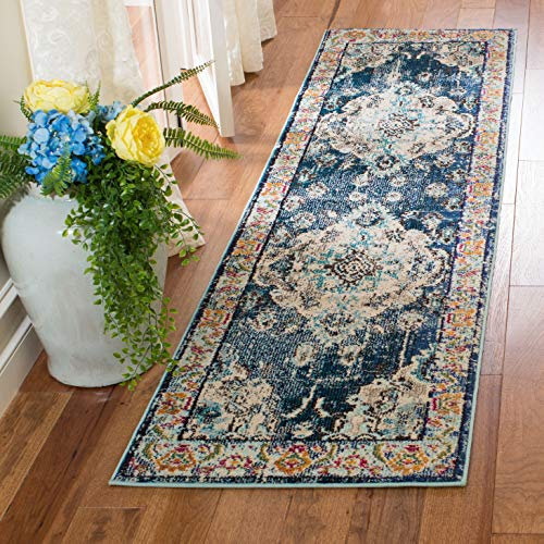 SAFAVIEH Tapis Boho Pour Salon, Salle à manger, Chambre à coucher - Monaco Collection, Tapis à poil court, Bleu marine et bleu clair, 66 X 244 cm