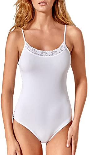 VEDATS Damen Body Spaghettiträger Unterhemd Bodysuit mit Spitze (L, Weiß)