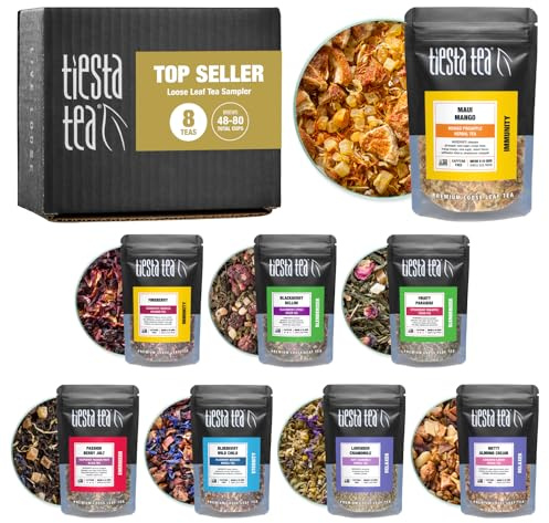 Tiesta Tea - Top 8 Favorites Sampler Set, Mother's Day Loose Leaf, Up to 80 Cups, High to No Caffeine, Hot & Iced, Tea Variety Pack with Green, Herbal, & Black, 8 Sample Pouches